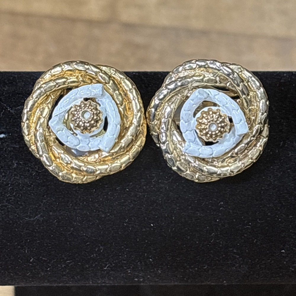 Vintage Gold Tone White Enamel Statement Clip On Earrings Patent Pending